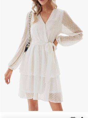 Elegant White Wrap Tiered Dot-Sheer Dress